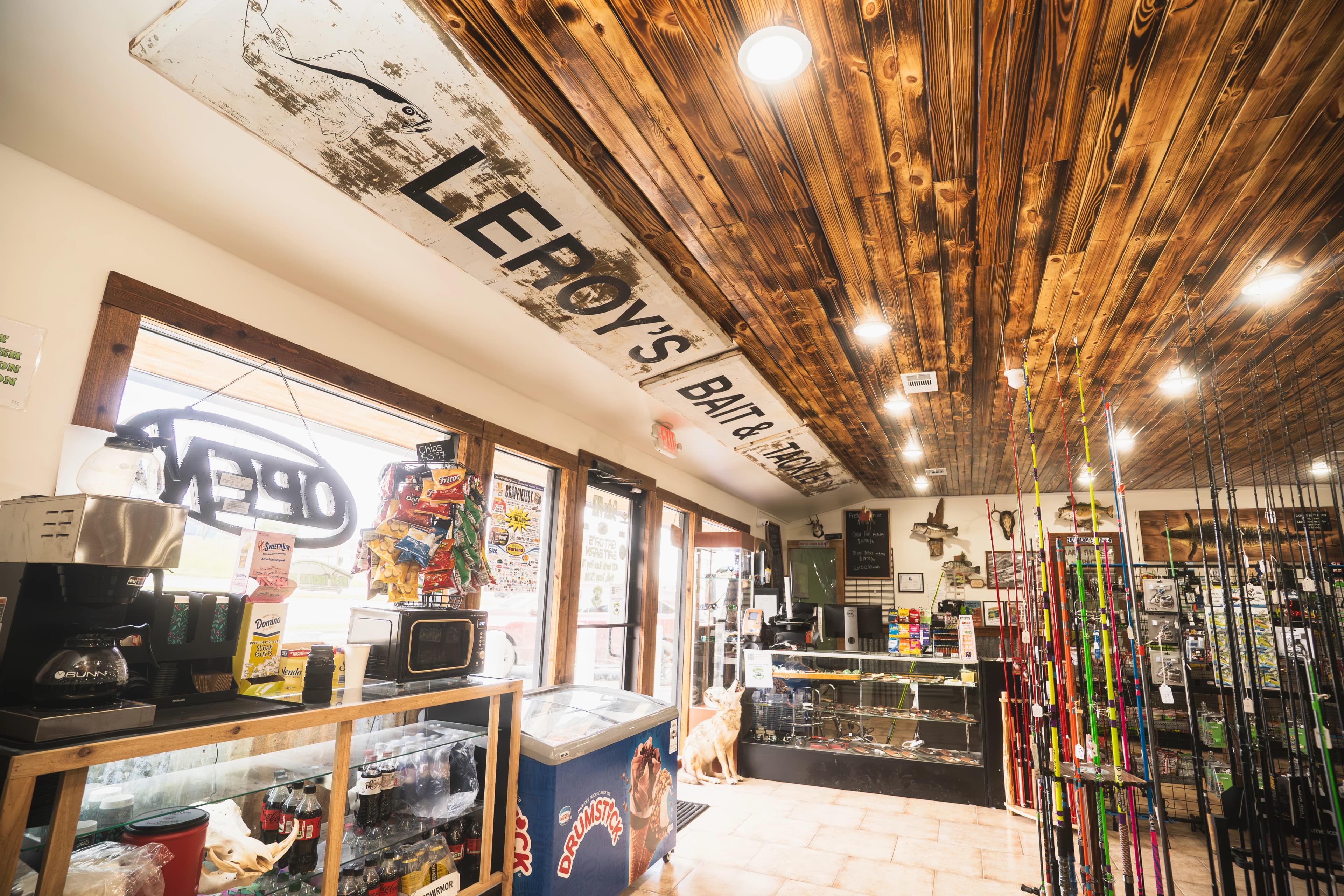 Inside Gator's Bait Barn — LeRoy's sign